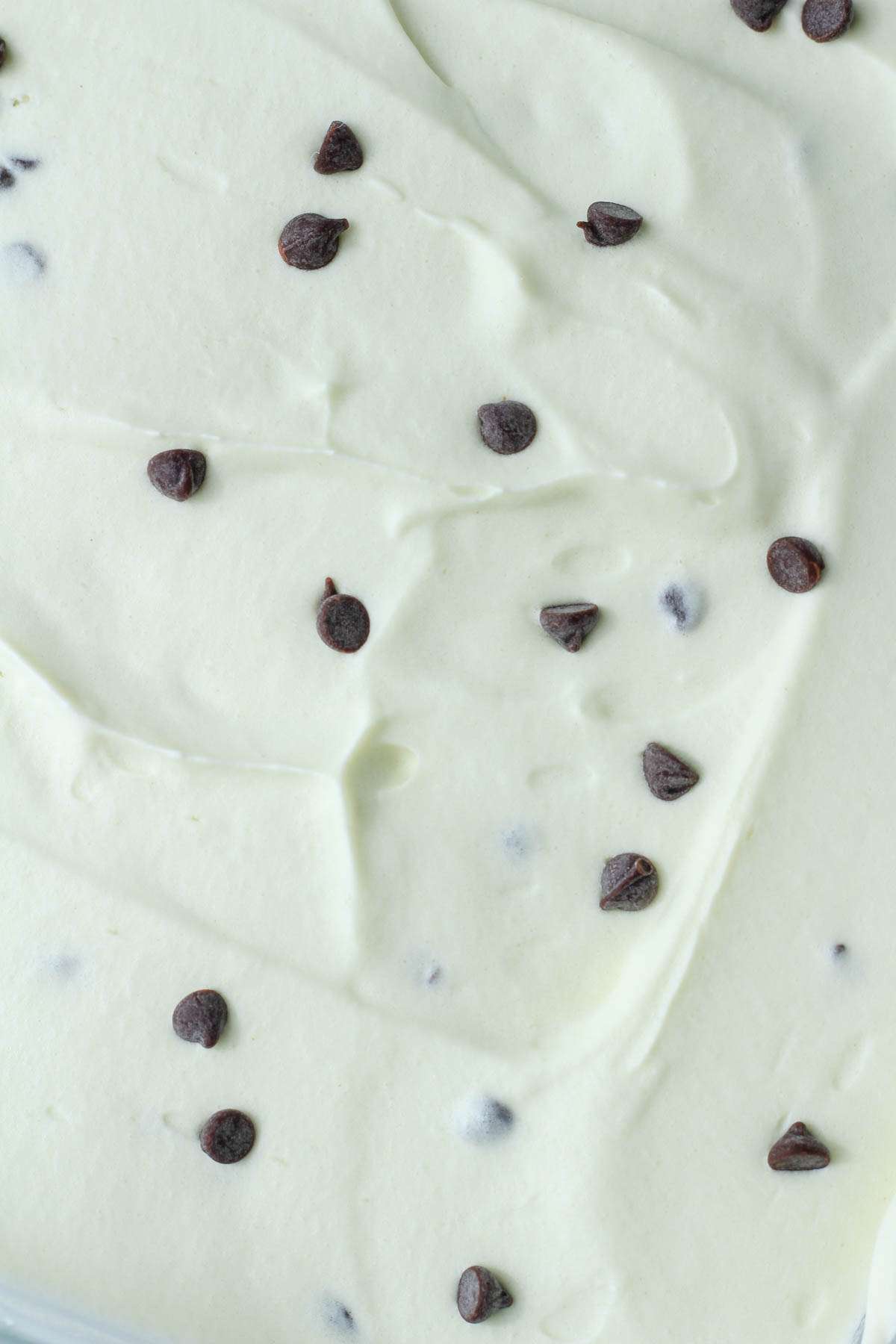 A close up of vegan no churn mint chocolate chip ice cream topped with mini chocolate chips.