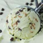 A silver ice cream scoop with a large scoop of vegan mint chocolate chip ice cream.
