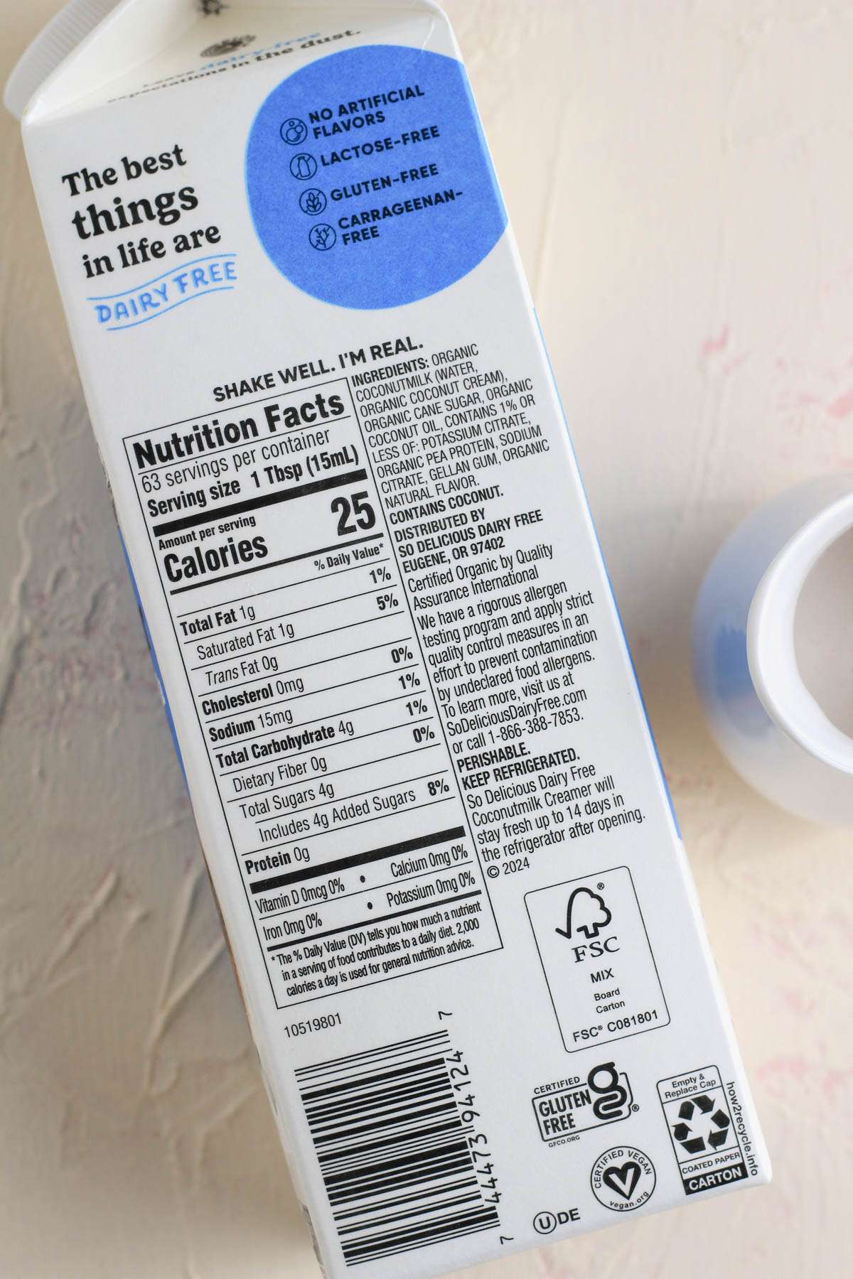 Nutritional information for So Delicious Coffee Creamer.