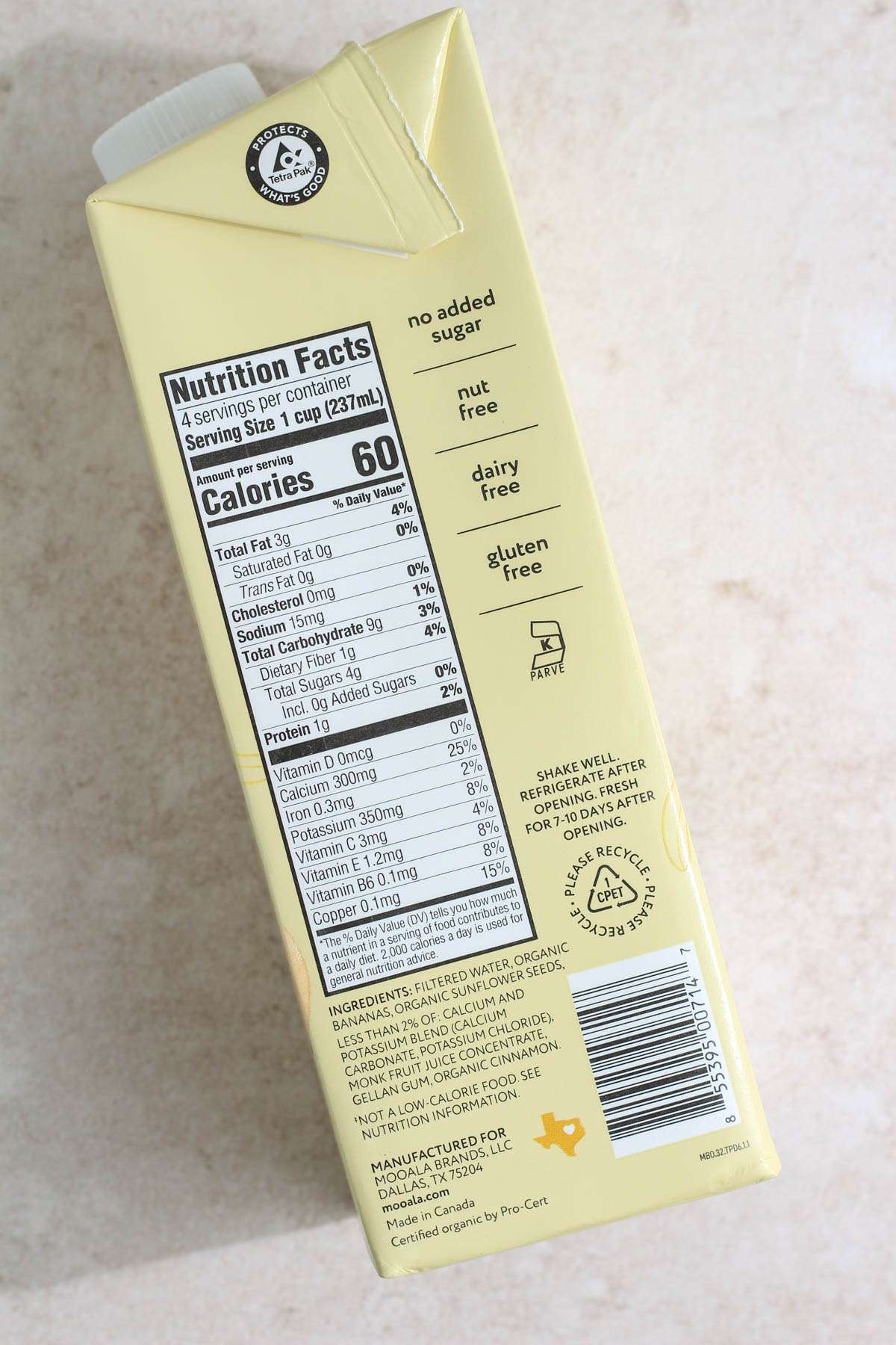 The nutritional label on the Mooala Banana Milk.