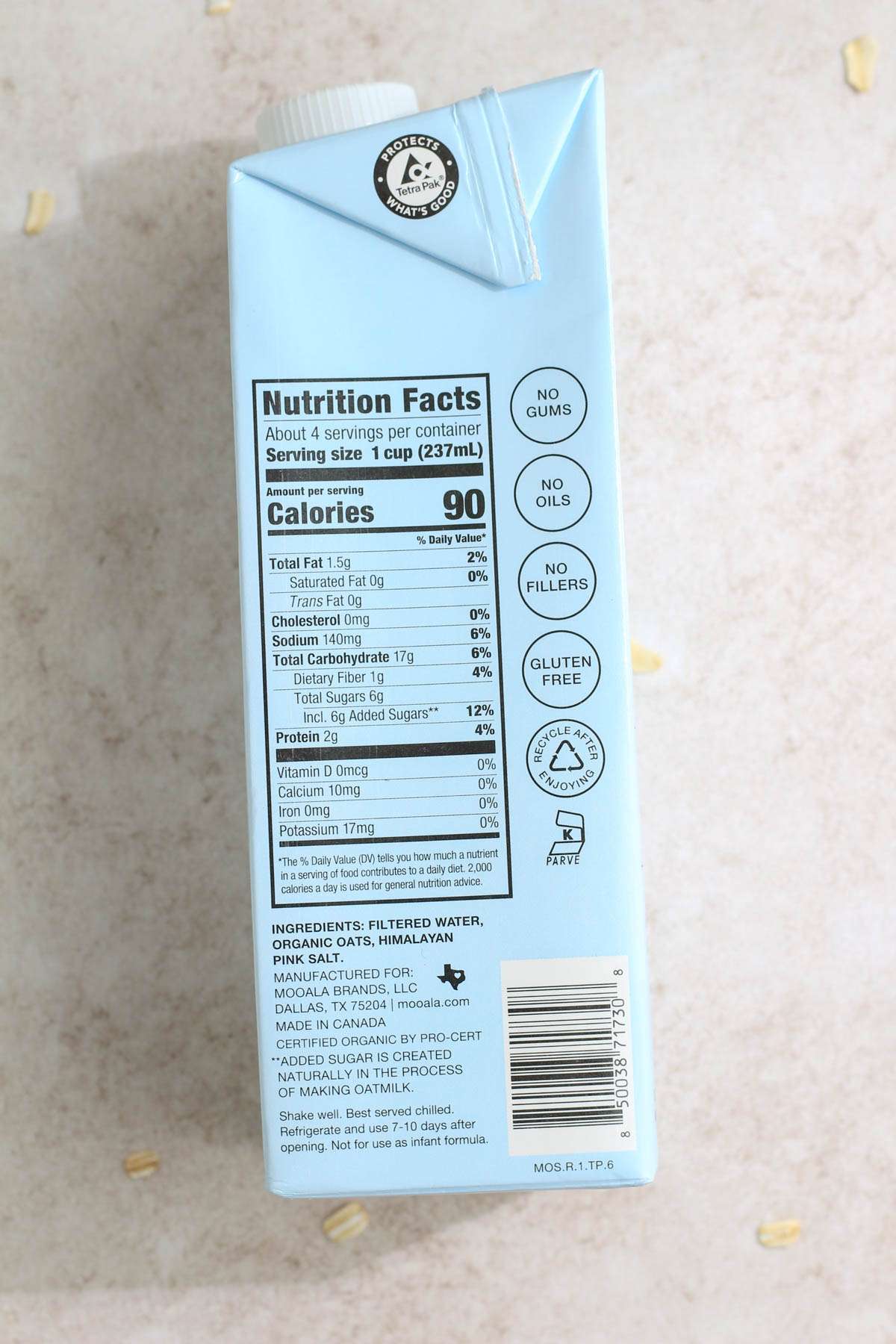 The nutritional label of a carton of the Mooala Oat milk.